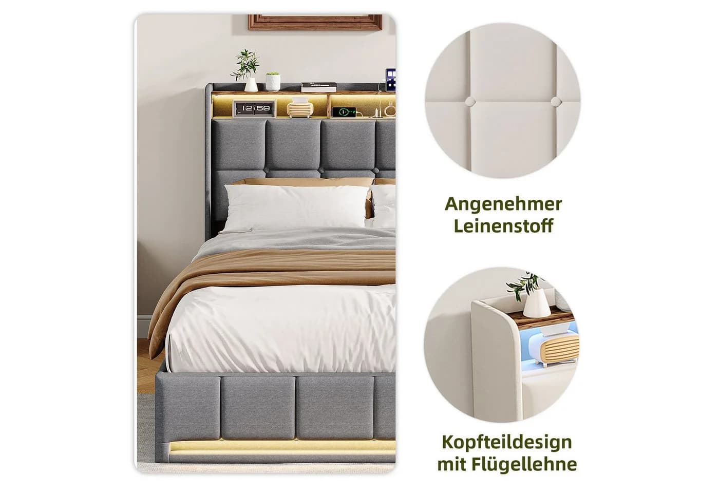 ADWOLT Polsterbett Grau mit LED-Beleuchtung und Stauraum - Bild 5