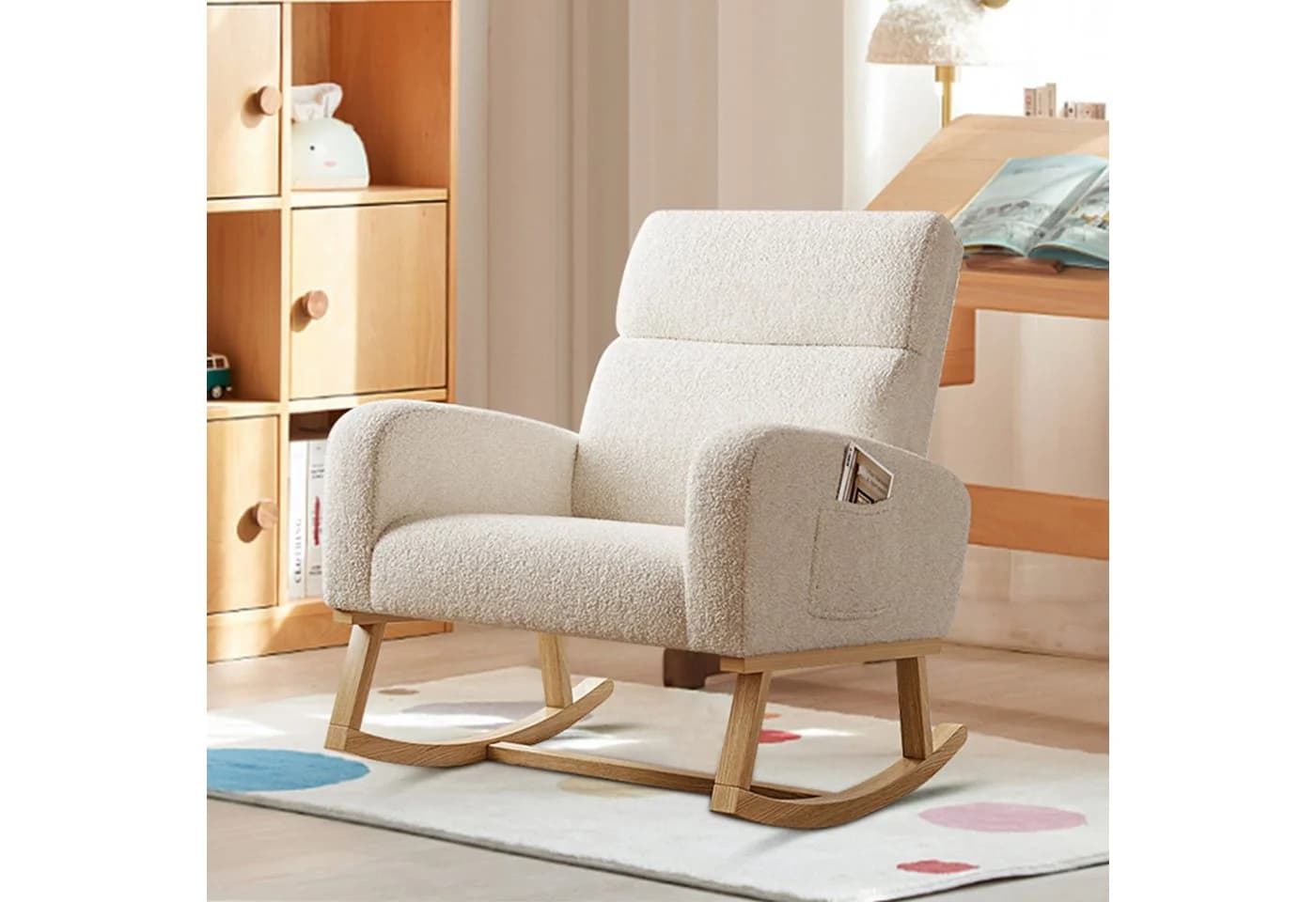 FUROKOY Schaukelsessel Weiß mit Massivholzfüßen und Seitentaschen - Bild 2
