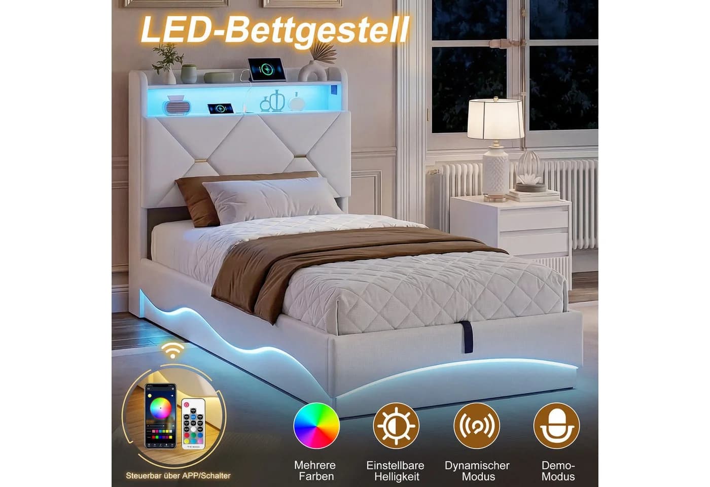 ADWOLT Polsterbett Beige Samt mit LED Licht und Ladefunktion