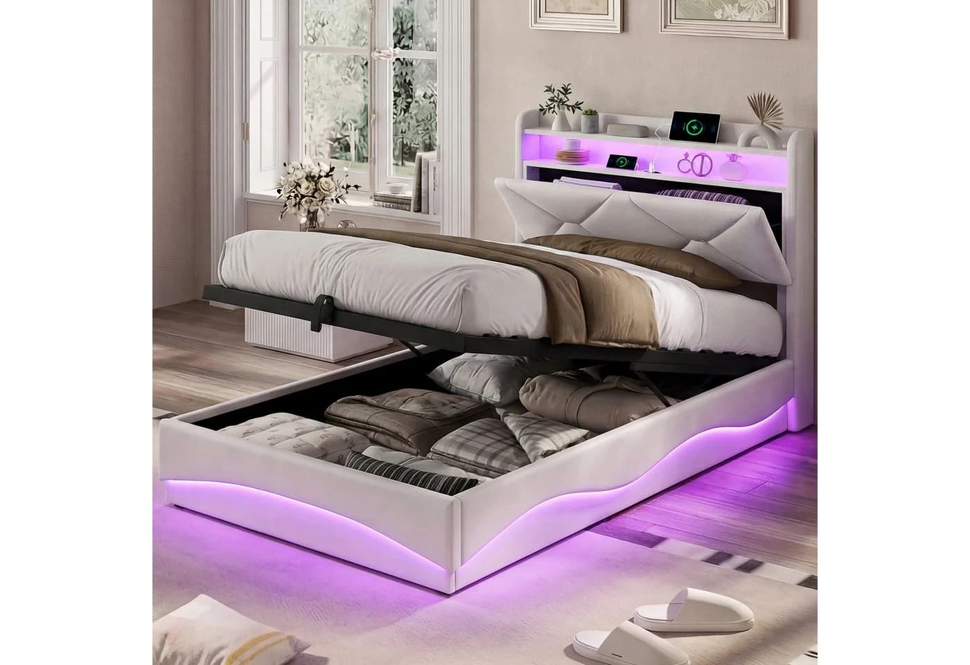 ADWOLT Polsterbett Beige Samt mit LED Licht und Ladefunktion - Bild 2