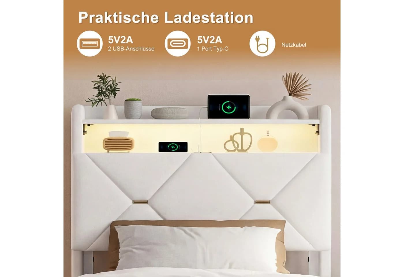 ADWOLT Polsterbett Beige Samt mit LED Licht und Ladefunktion - Bild 3