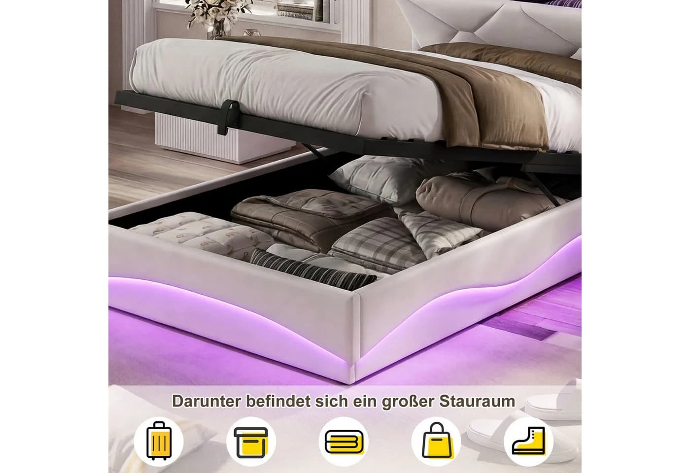 ADWOLT Polsterbett Beige Samt mit LED Licht und Ladefunktion - Bild 5