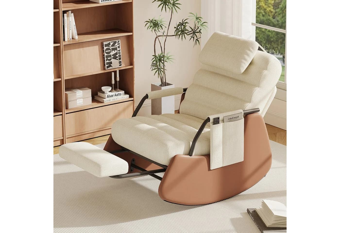 SEEZSSA Ohrensessel Schaukelstuhl Beige Cord mit verstellbarer Rückenlehne - Bild 2
