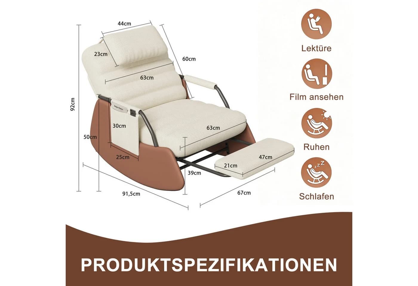 SEEZSSA Ohrensessel Schaukelstuhl Beige Cord mit verstellbarer Rückenlehne - Bild 5