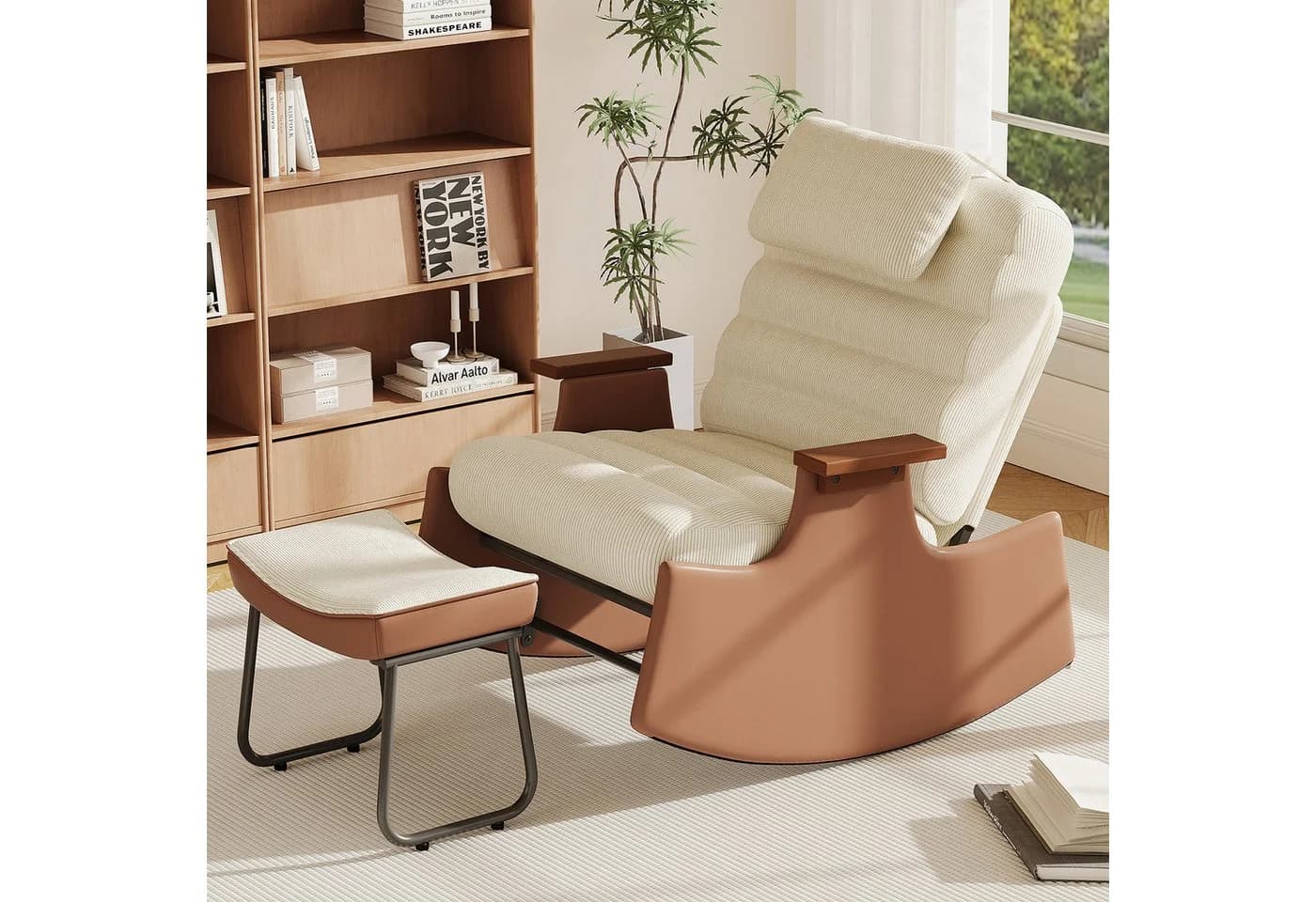 SEEZSSA Schaukelstuhl mit Hocker Beige Cord 3-stufig verstellbar - Bild 2
