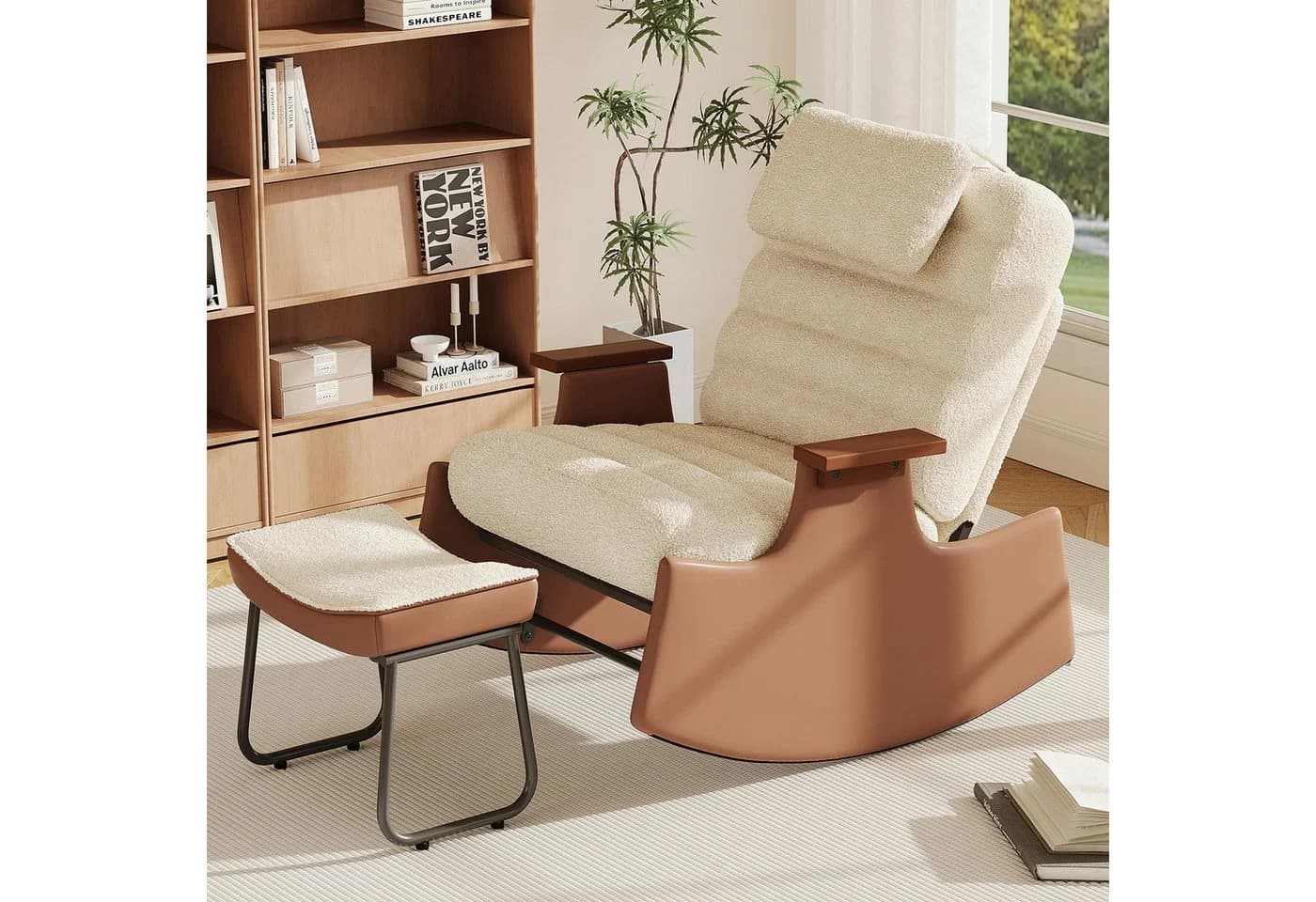 SEEZSSA Ohrensessel Schaukelstuhl mit Hocker Beige Modern - Bild 2