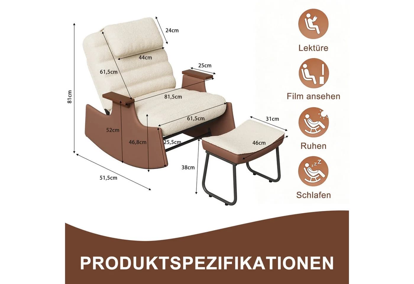 SEEZSSA Ohrensessel Schaukelstuhl mit Hocker Beige Modern - Bild 5