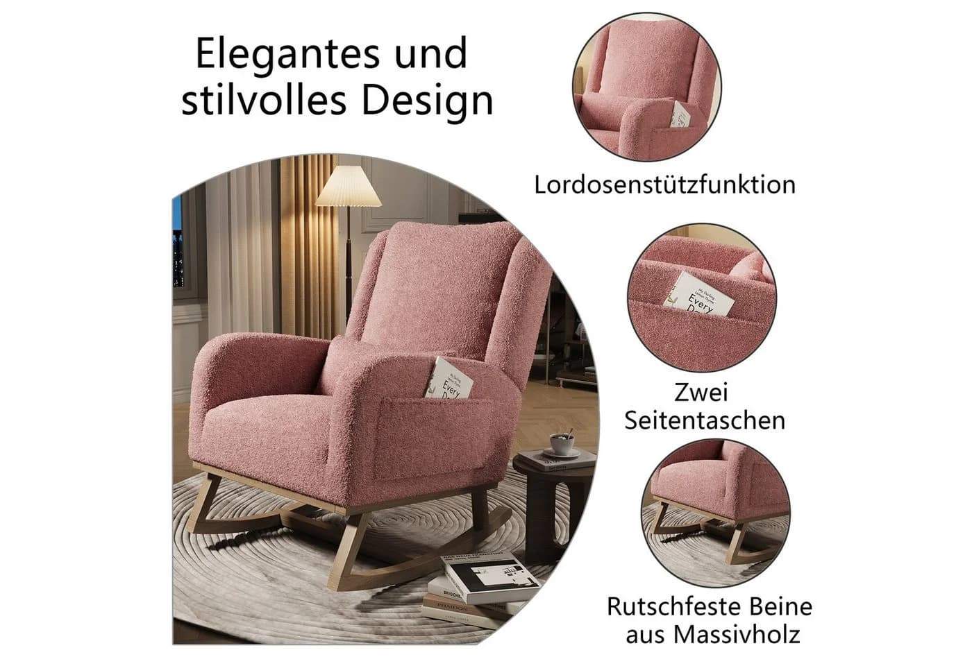 FUROKOY Schaukelstuhl Rosa mit Lendenkissen und Taschen