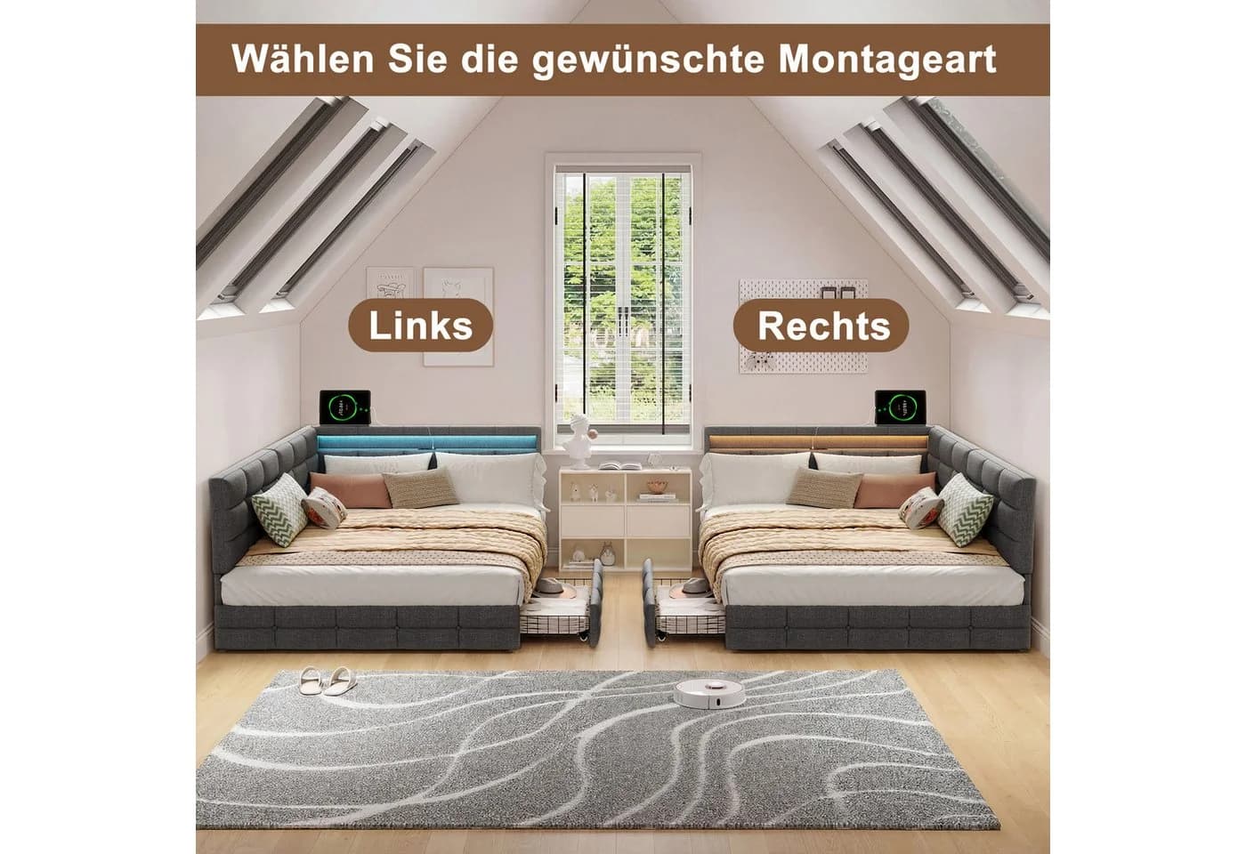 ADWOLT Polsterbett Schlafsofa mit LED, USB-Anschluss und Schubladen Grau Leinen
