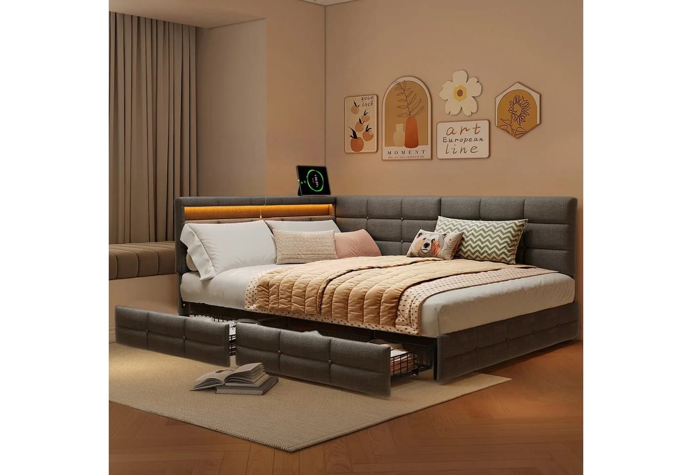 ADWOLT Polsterbett Schlafsofa mit LED, USB-Anschluss und Schubladen Grau Leinen - Bild 2