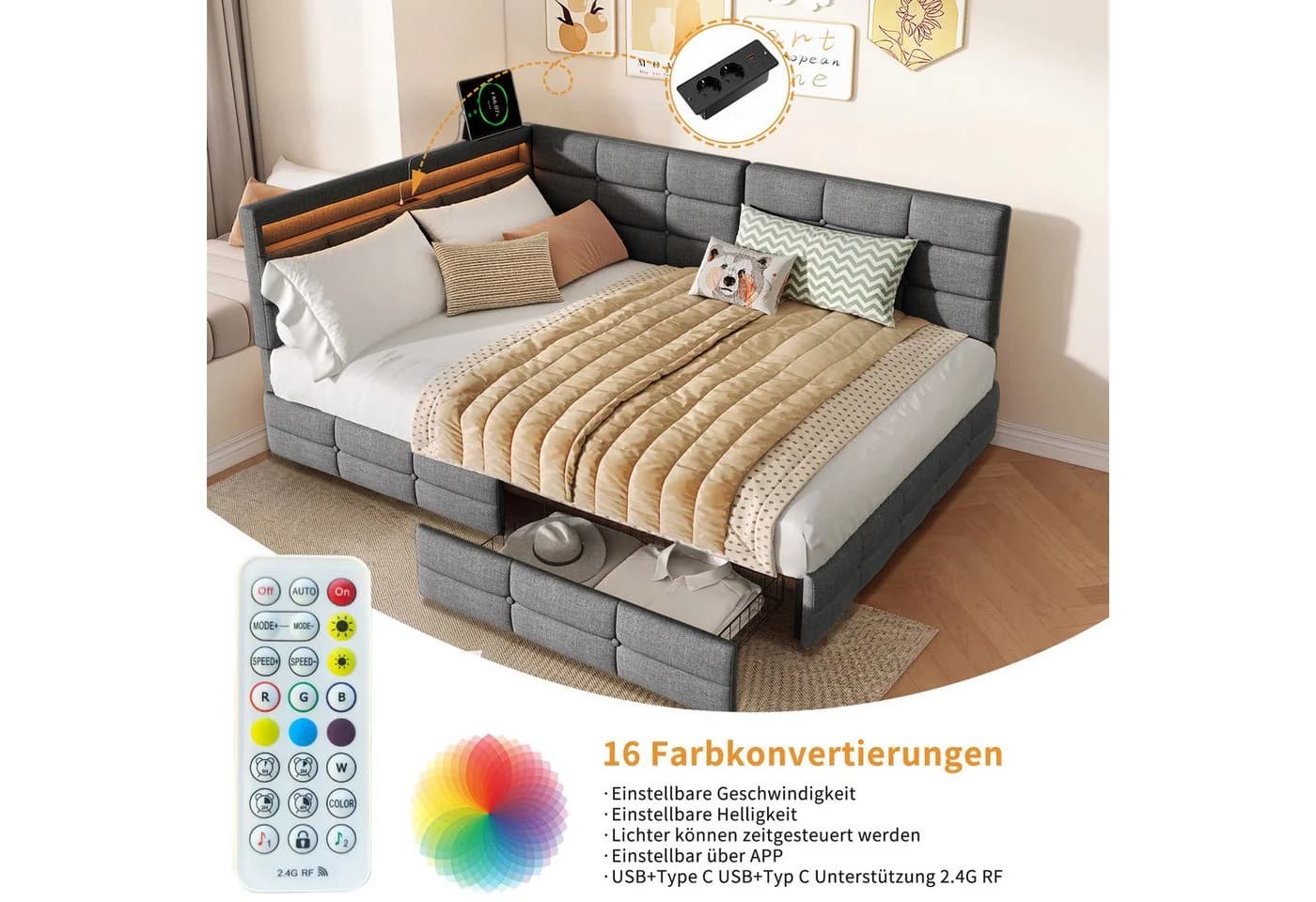 ADWOLT Polsterbett Schlafsofa mit LED, USB-Anschluss und Schubladen Grau Leinen - Bild 3
