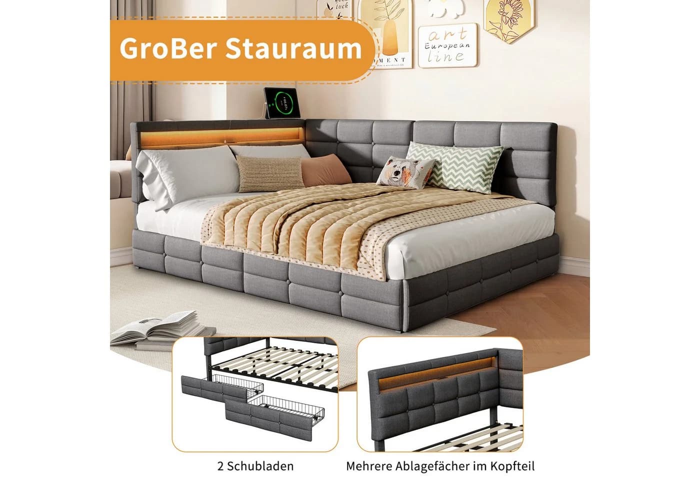 ADWOLT Polsterbett Schlafsofa mit LED, USB-Anschluss und Schubladen Grau Leinen - Bild 4