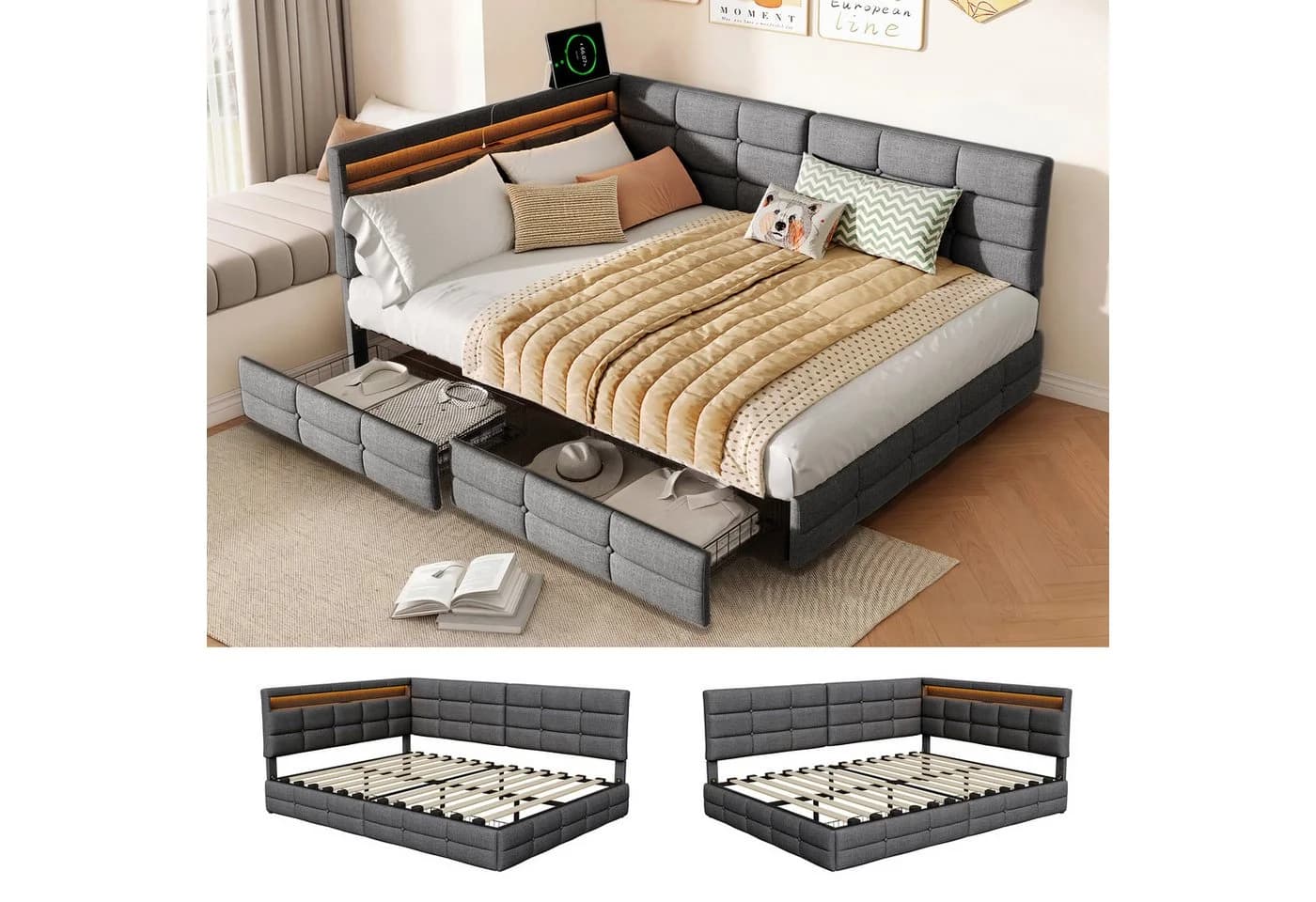 ADWOLT Polsterbett Schlafsofa mit LED, USB-Anschluss und Schubladen Grau Leinen - Bild 5