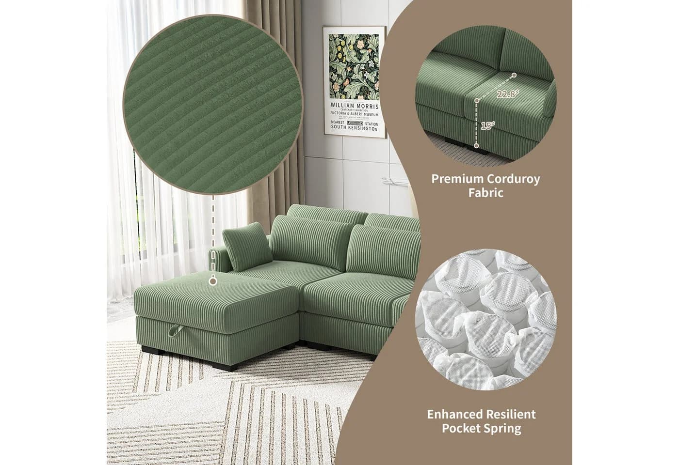 ADWOLT Ecksofa Grün Cord mit ergonomischer Rückenlehne - Bild 3