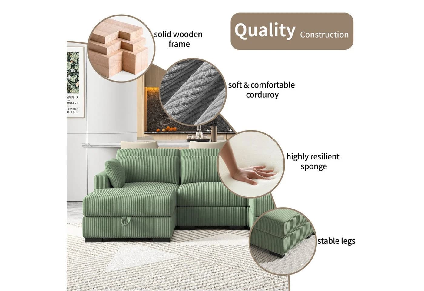 ADWOLT Ecksofa Grün Cord mit ergonomischer Rückenlehne - Bild 4