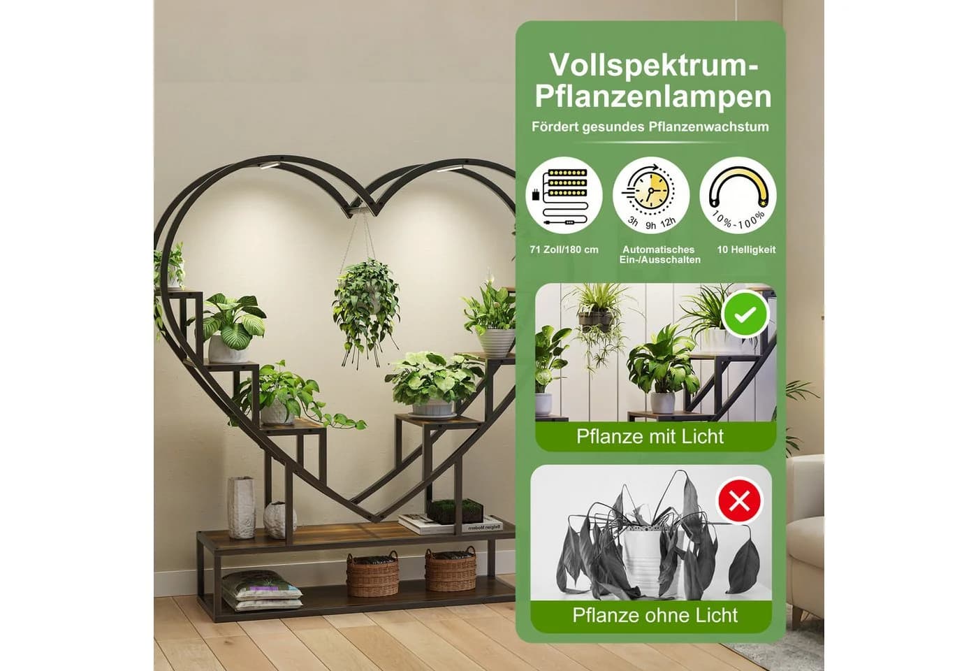 BELUPAI Pflanzentreppe Herzförmig mit Wachstumslicht Schwarz/Braun