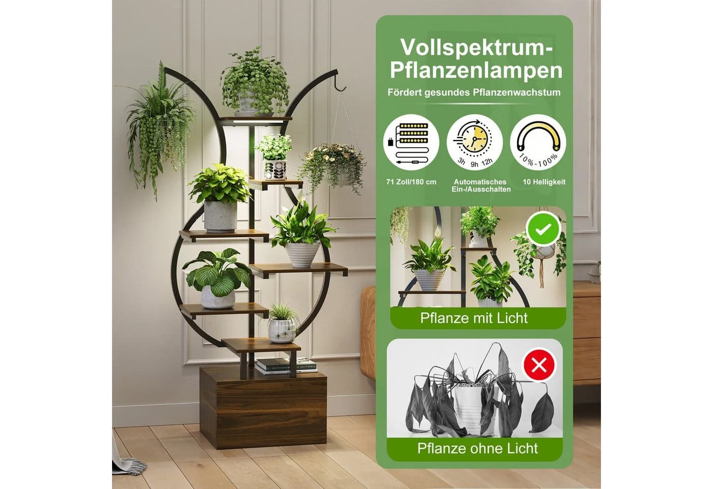BELUPAI Pflanzentreppe 6 Etagen Schwarz/Braun mit Wachstumslicht