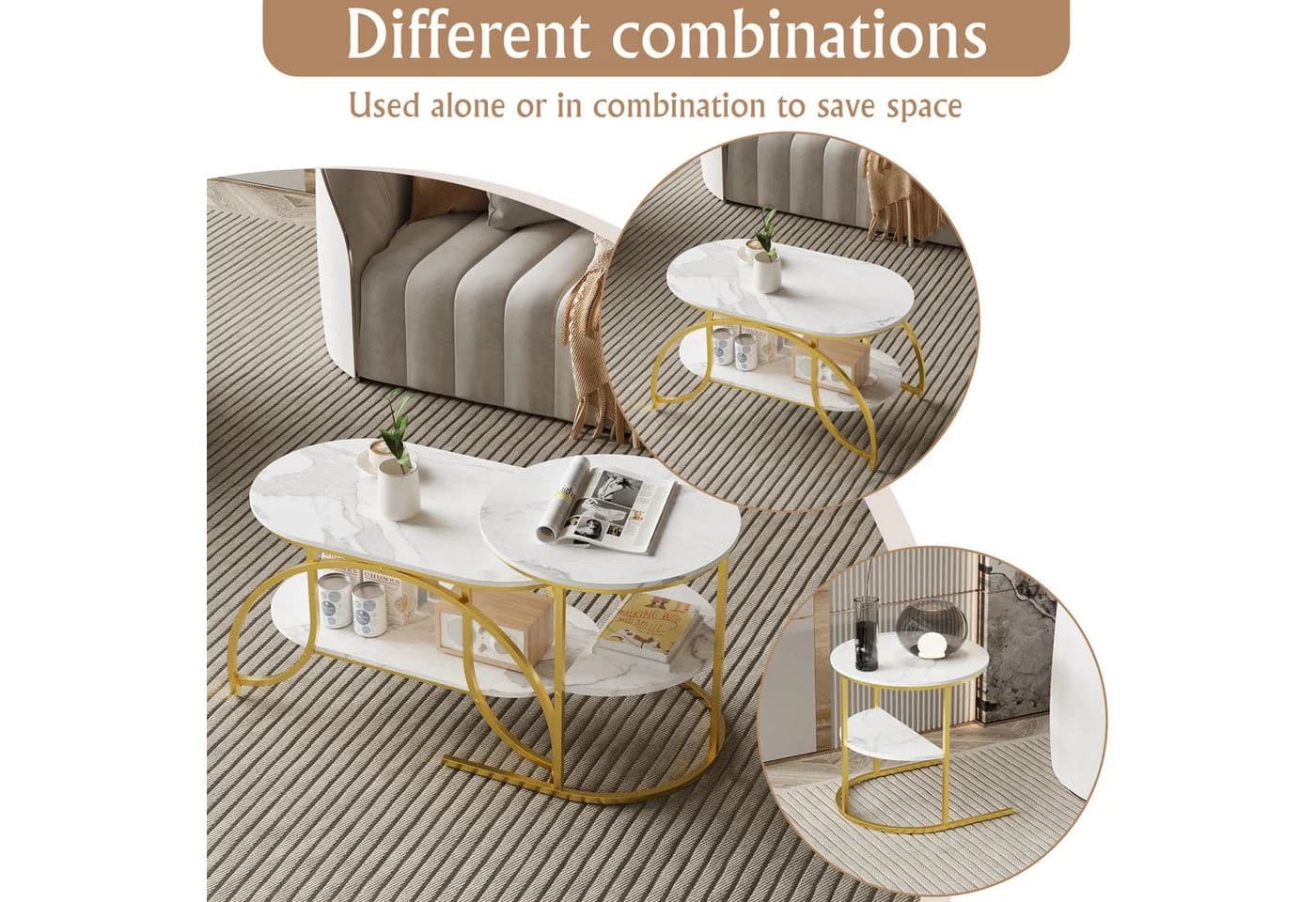 BELUPAI Couchtisch 2er Set Oval Rund Gold Marmoroptik
