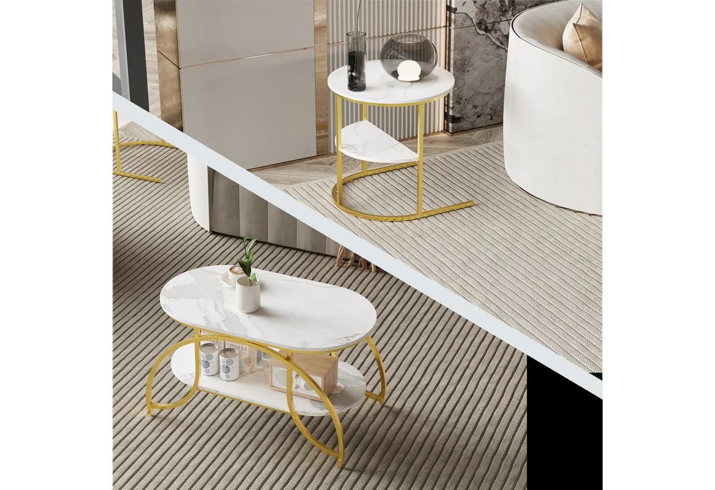 BELUPAI Couchtisch 2er Set Oval Rund Gold Marmoroptik - Bild 5