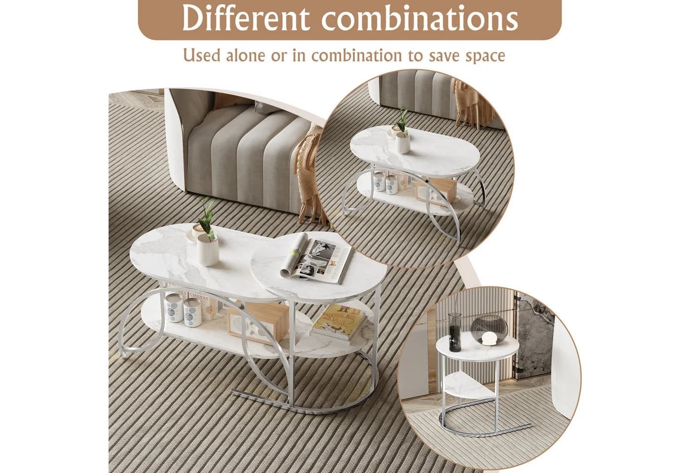 BELUPAI Couchtisch 2er Set Oval Rund Marmoroptik Silber Metallgestell