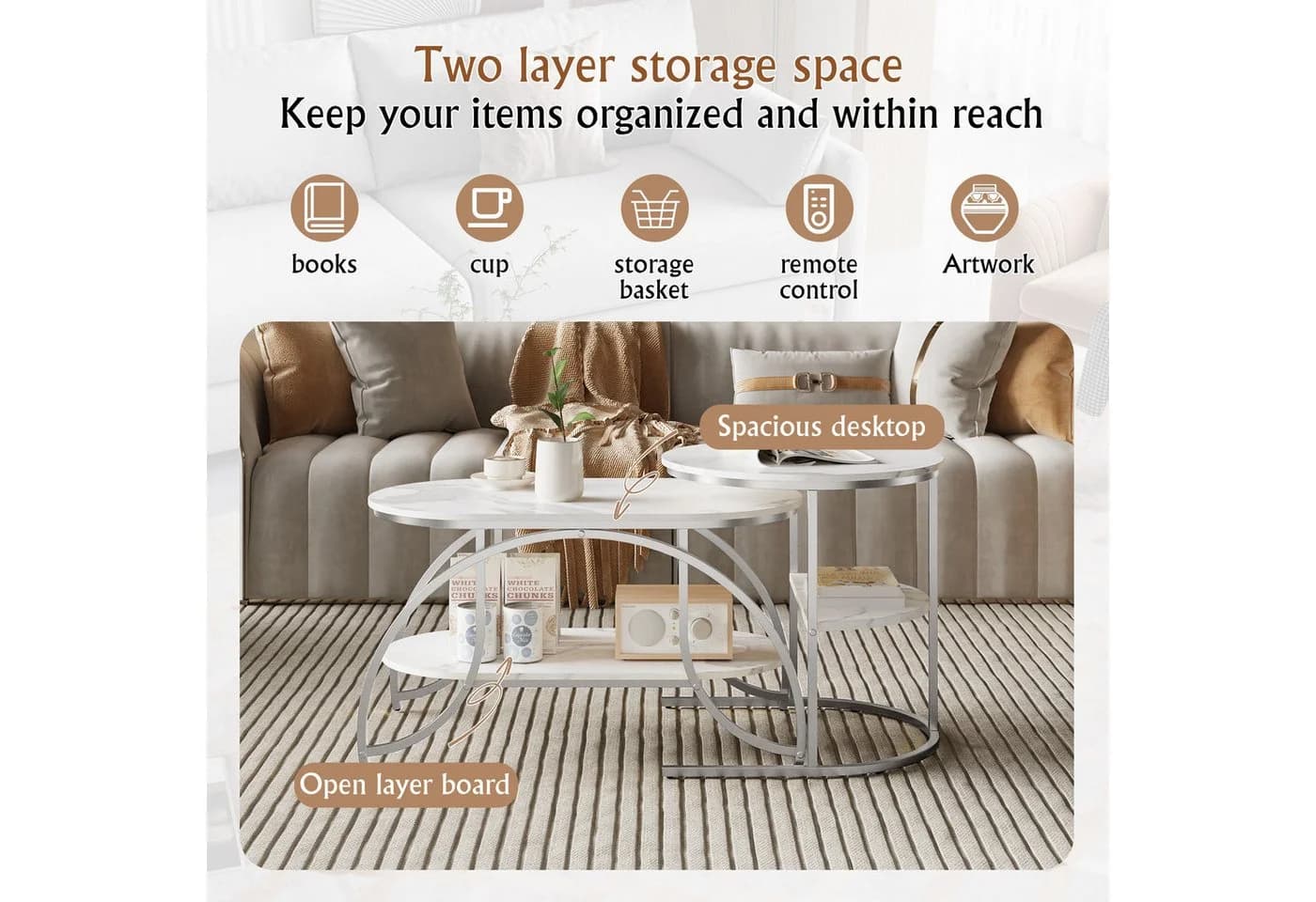 BELUPAI Couchtisch 2er Set Oval Rund Marmoroptik Silber Metallgestell - Bild 4