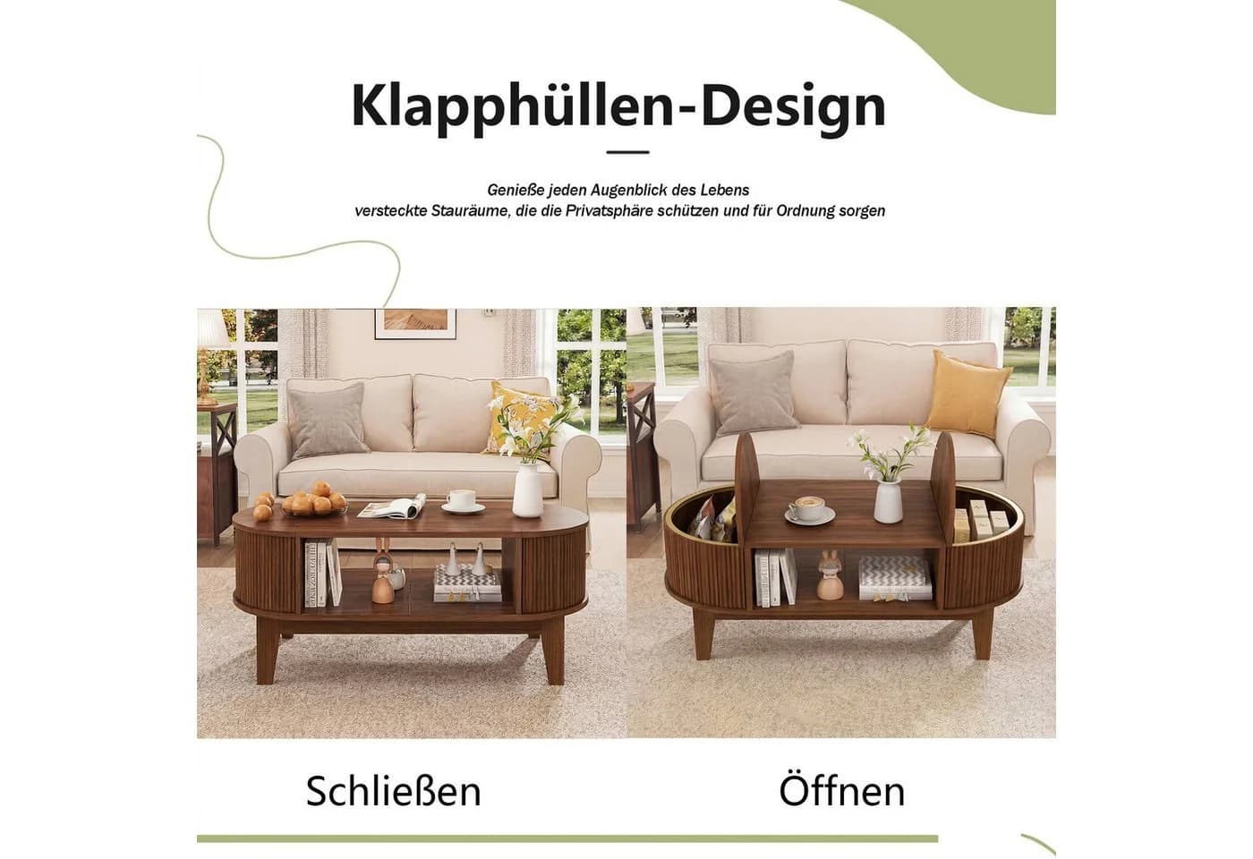 BELUPAI Couchtisch Oval mit Stauraum Walnuss - Bild 4