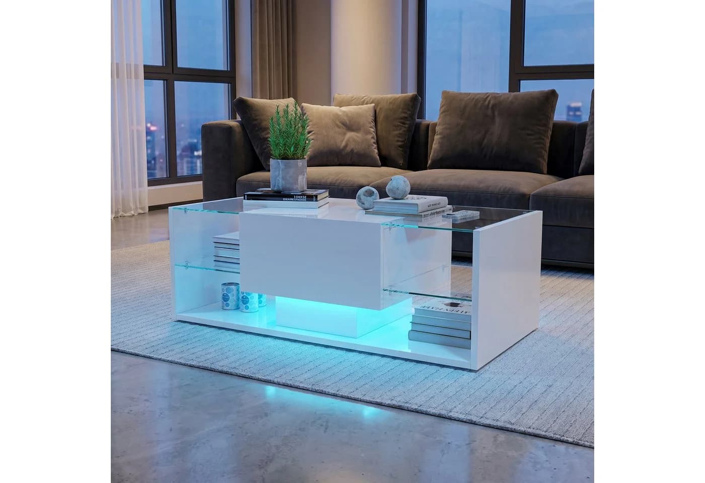 BELUPAI Couchtisch Hochglanz Weiß mit LED-Beleuchtung und Schubladen - Bild 2