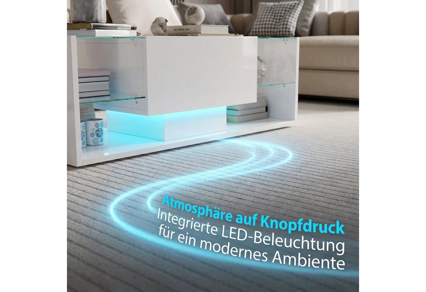 BELUPAI Couchtisch Hochglanz Weiß mit LED-Beleuchtung und Schubladen - Bild 3