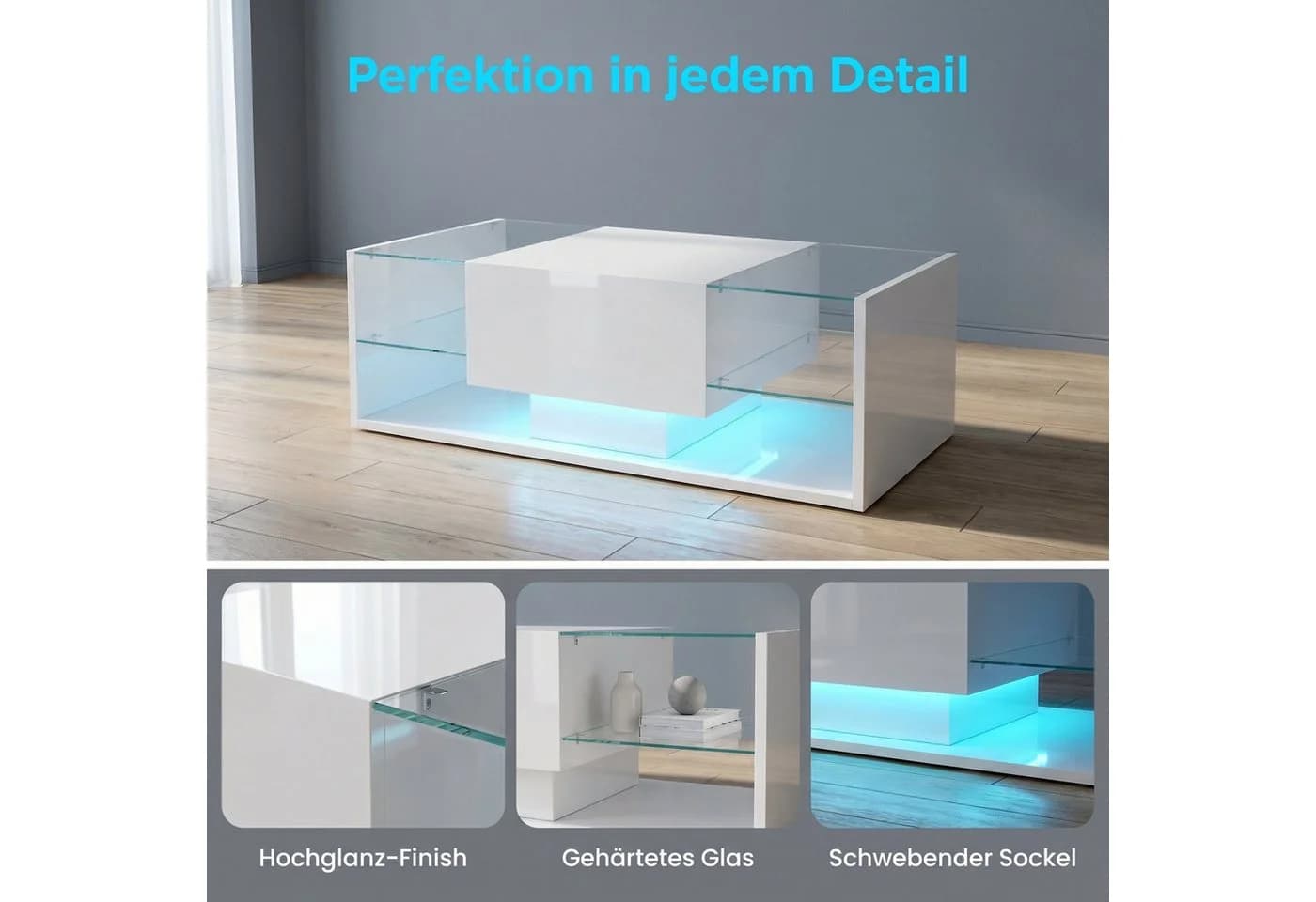 BELUPAI Couchtisch Hochglanz Weiß mit LED-Beleuchtung und Schubladen - Bild 4