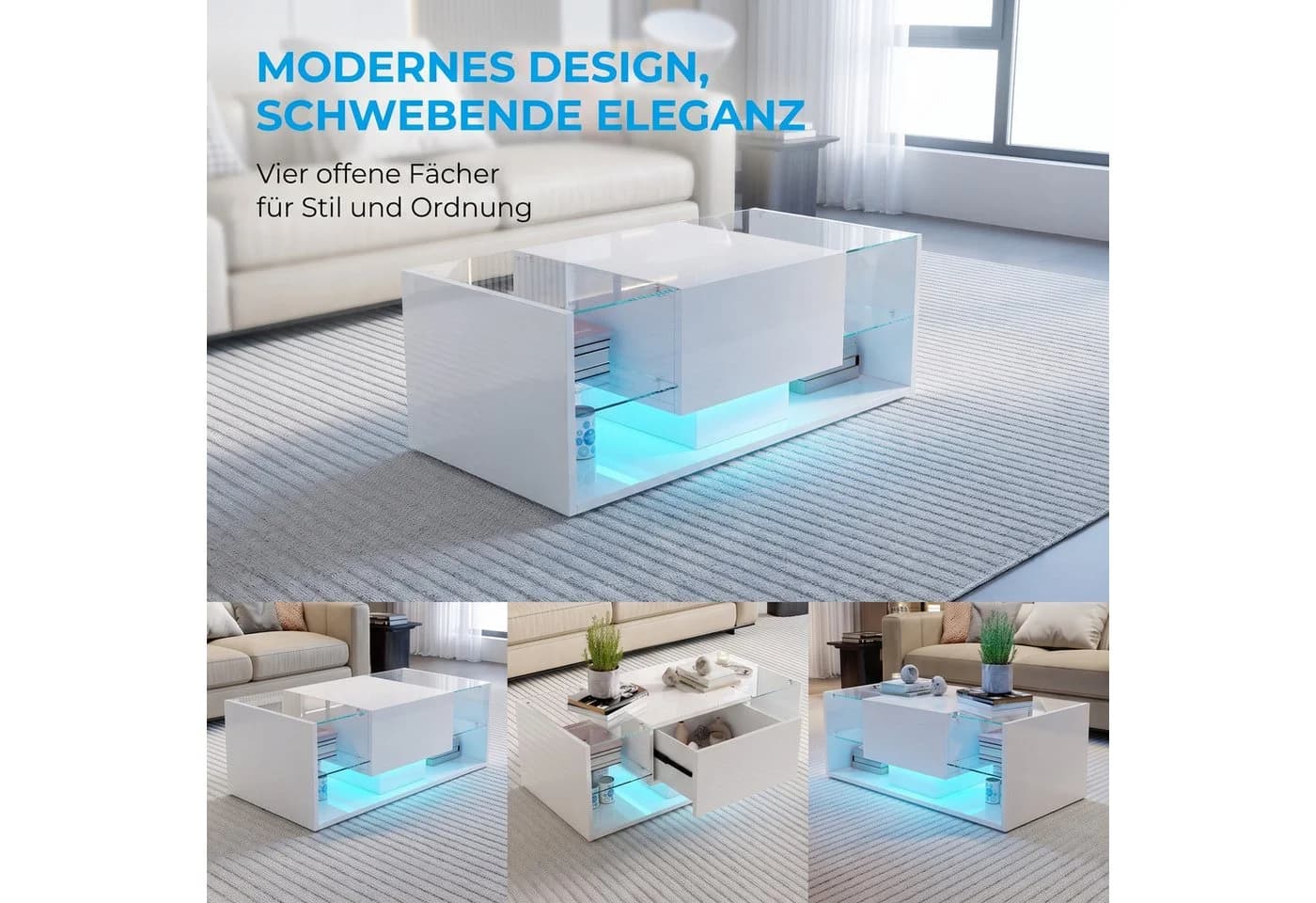 BELUPAI Couchtisch Hochglanz Weiß mit LED-Beleuchtung und Schubladen - Bild 5