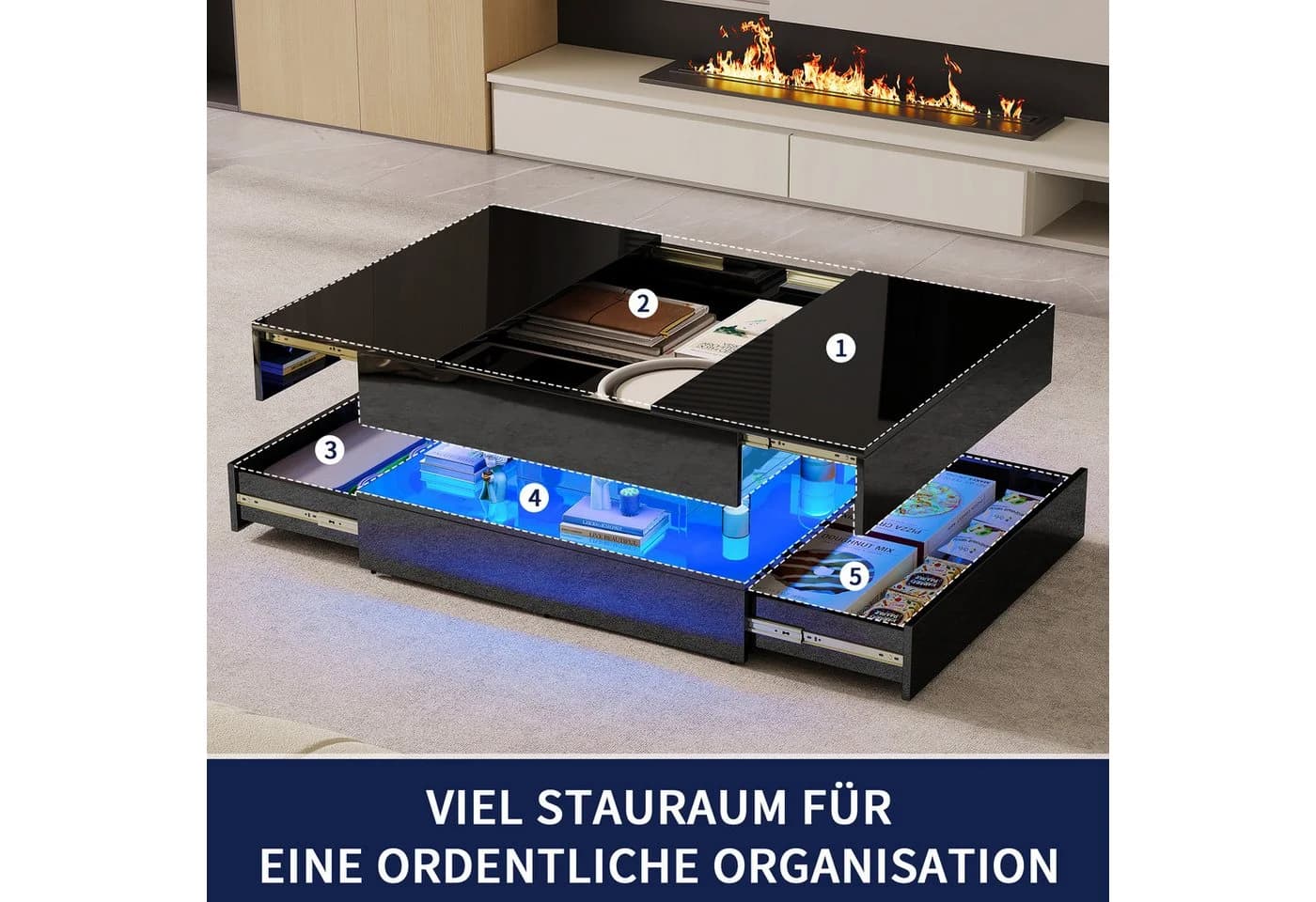 BELUPAI Couchtisch Hochglanz Schwarz mit LED-Beleuchtung & 2 Schubladen