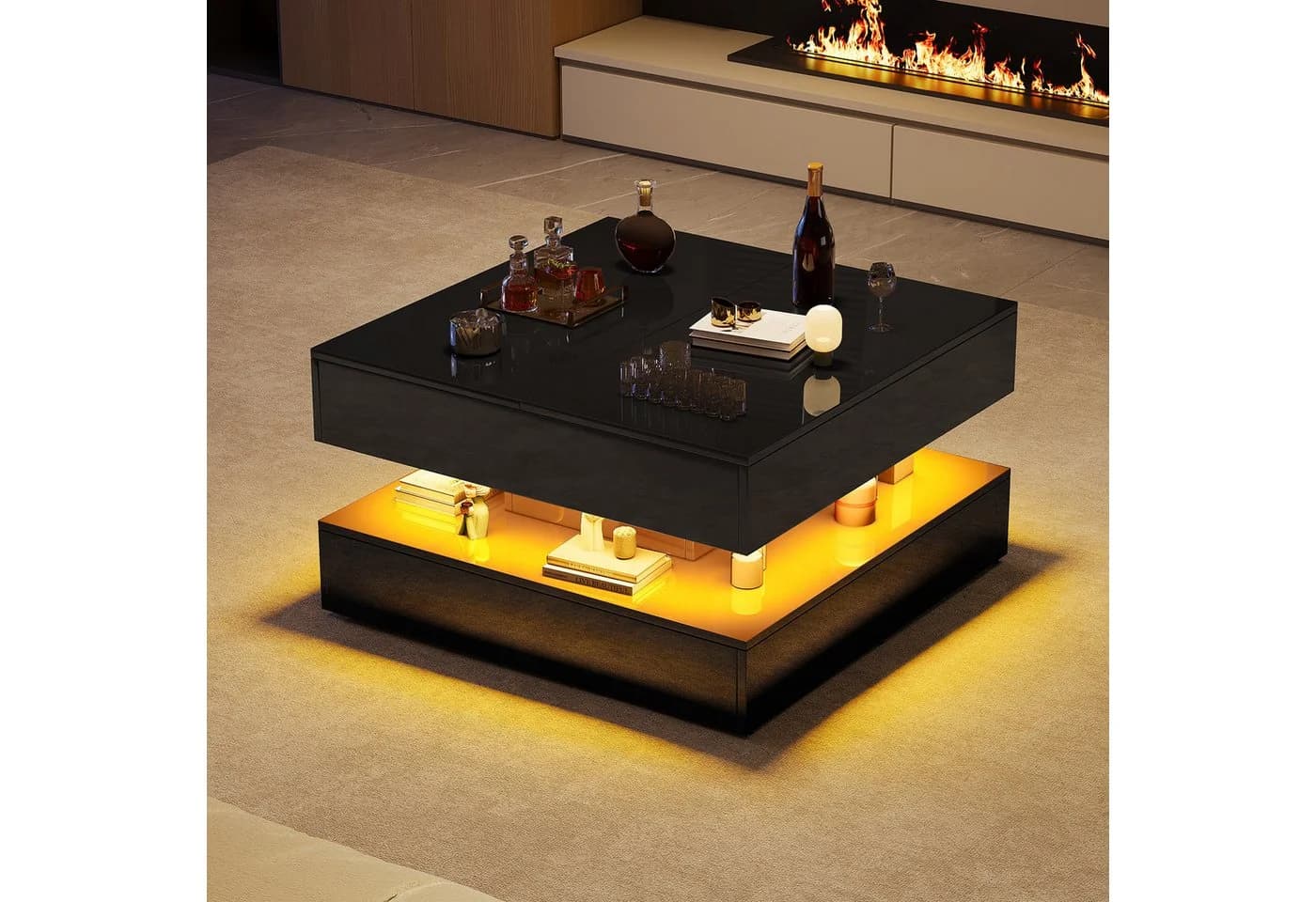 BELUPAI Couchtisch Hochglanz Schwarz mit LED-Beleuchtung & 2 Schubladen - Bild 2
