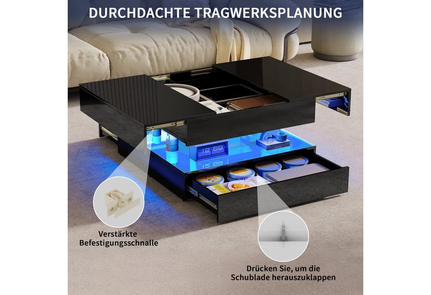 BELUPAI Couchtisch Hochglanz Schwarz mit LED-Beleuchtung & 2 Schubladen - Bild 3