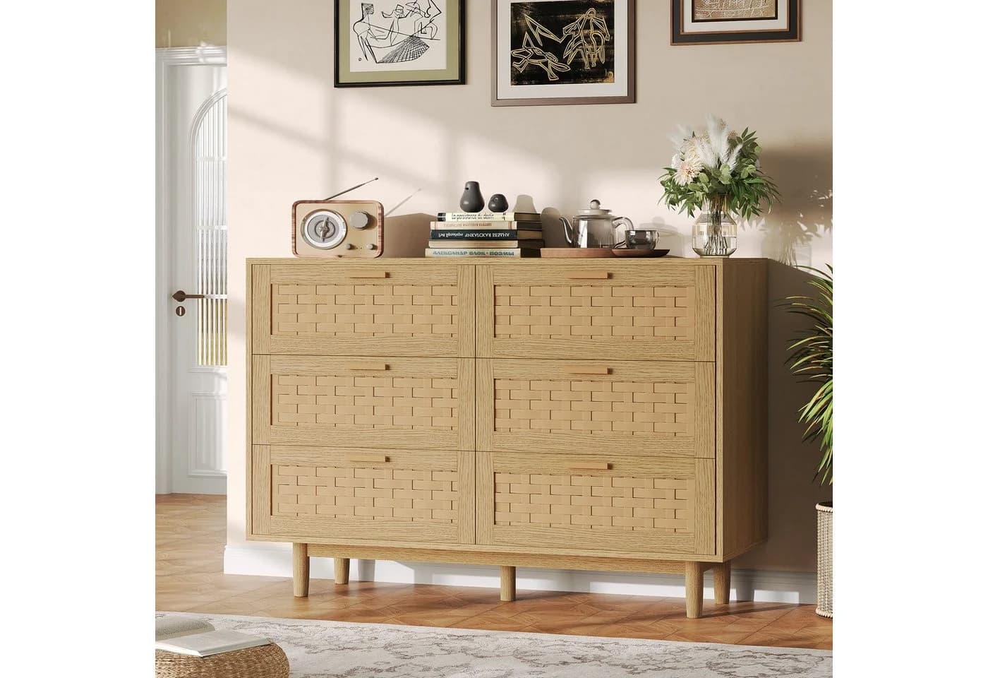 zebery Kommode 6 Schubladen Sideboard Naturholz Rattan - Bild 2