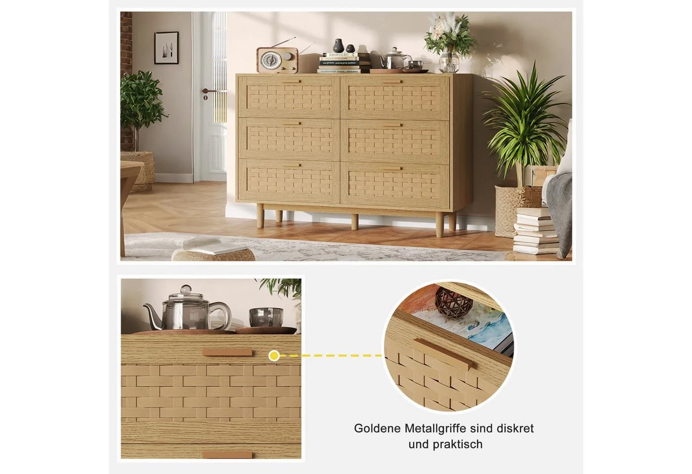 zebery Kommode 6 Schubladen Sideboard Naturholz Rattan - Bild 3