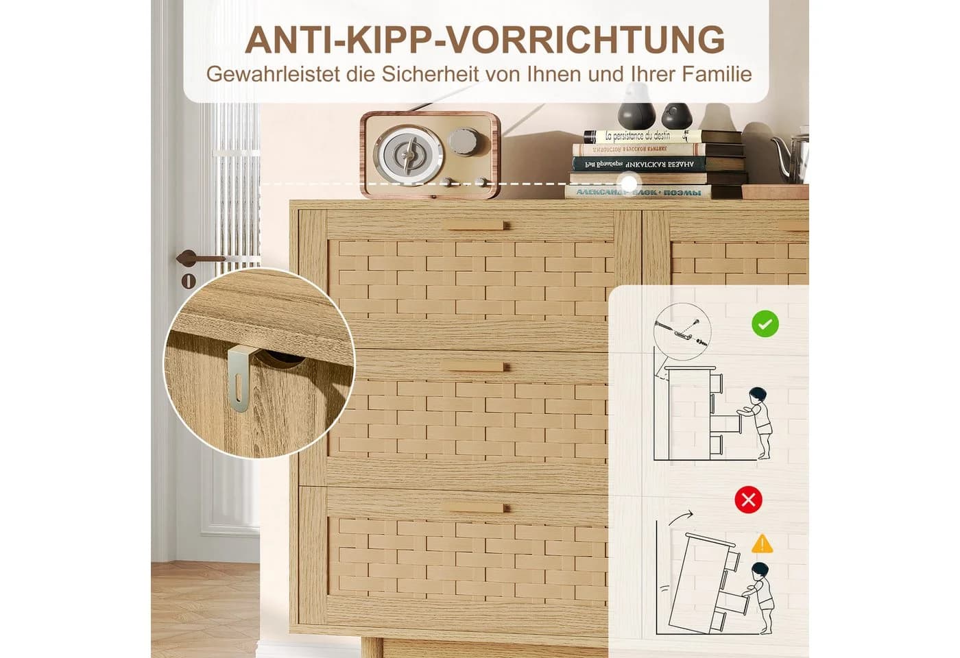 zebery Kommode 6 Schubladen Sideboard Naturholz Rattan - Bild 4