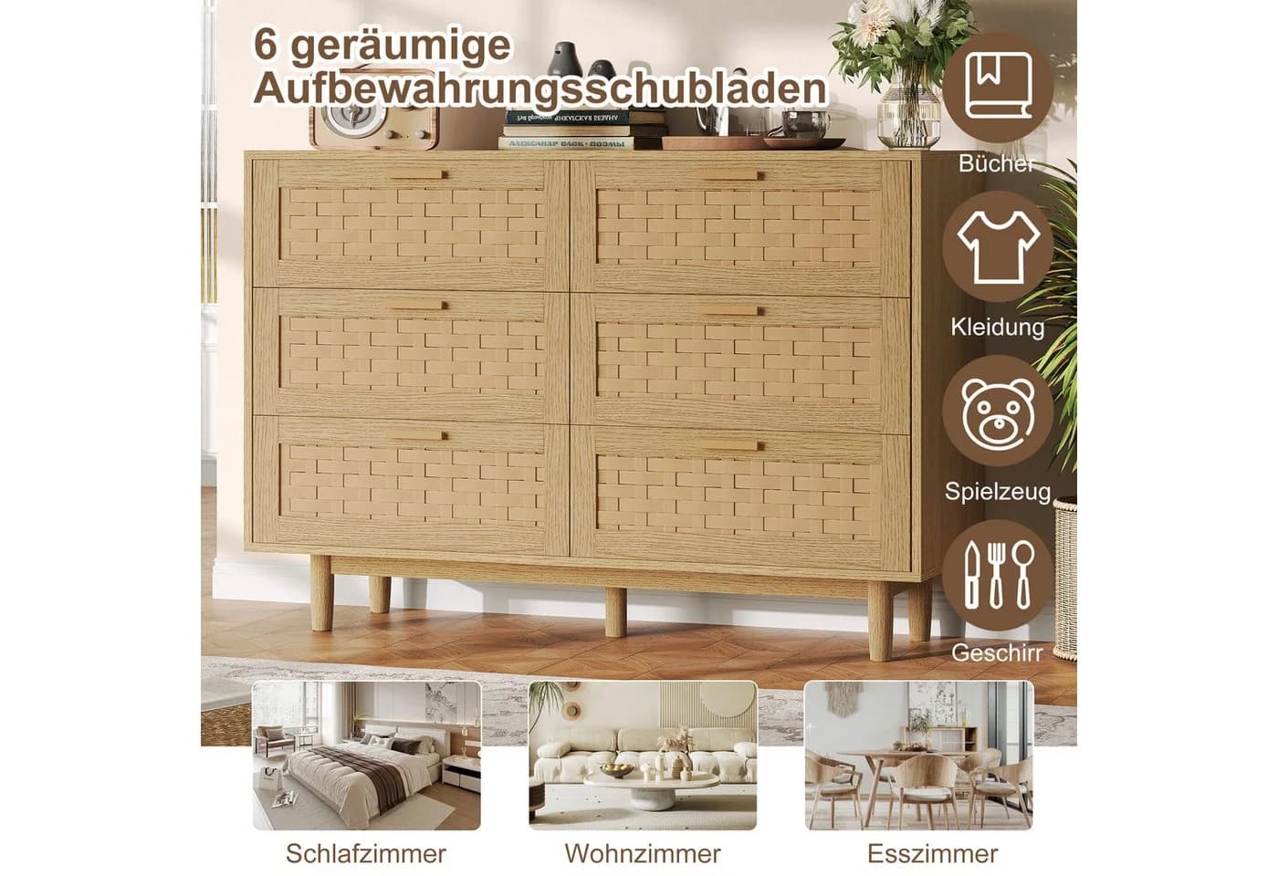 zebery Kommode 6 Schubladen Sideboard Naturholz Rattan - Bild 5