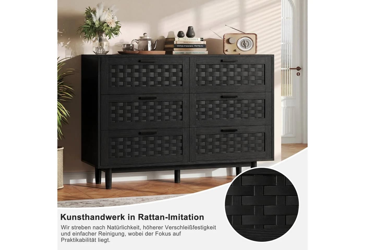 zebery Kommode 6 Schubladen Schwarz Rattan Design