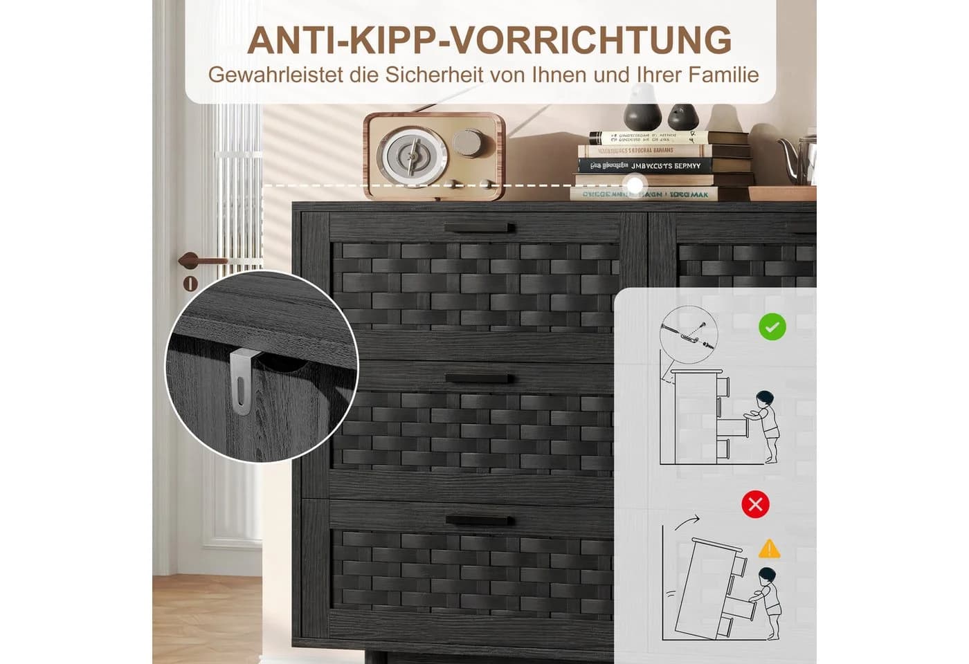 zebery Kommode 6 Schubladen Schwarz Rattan Design - Bild 4