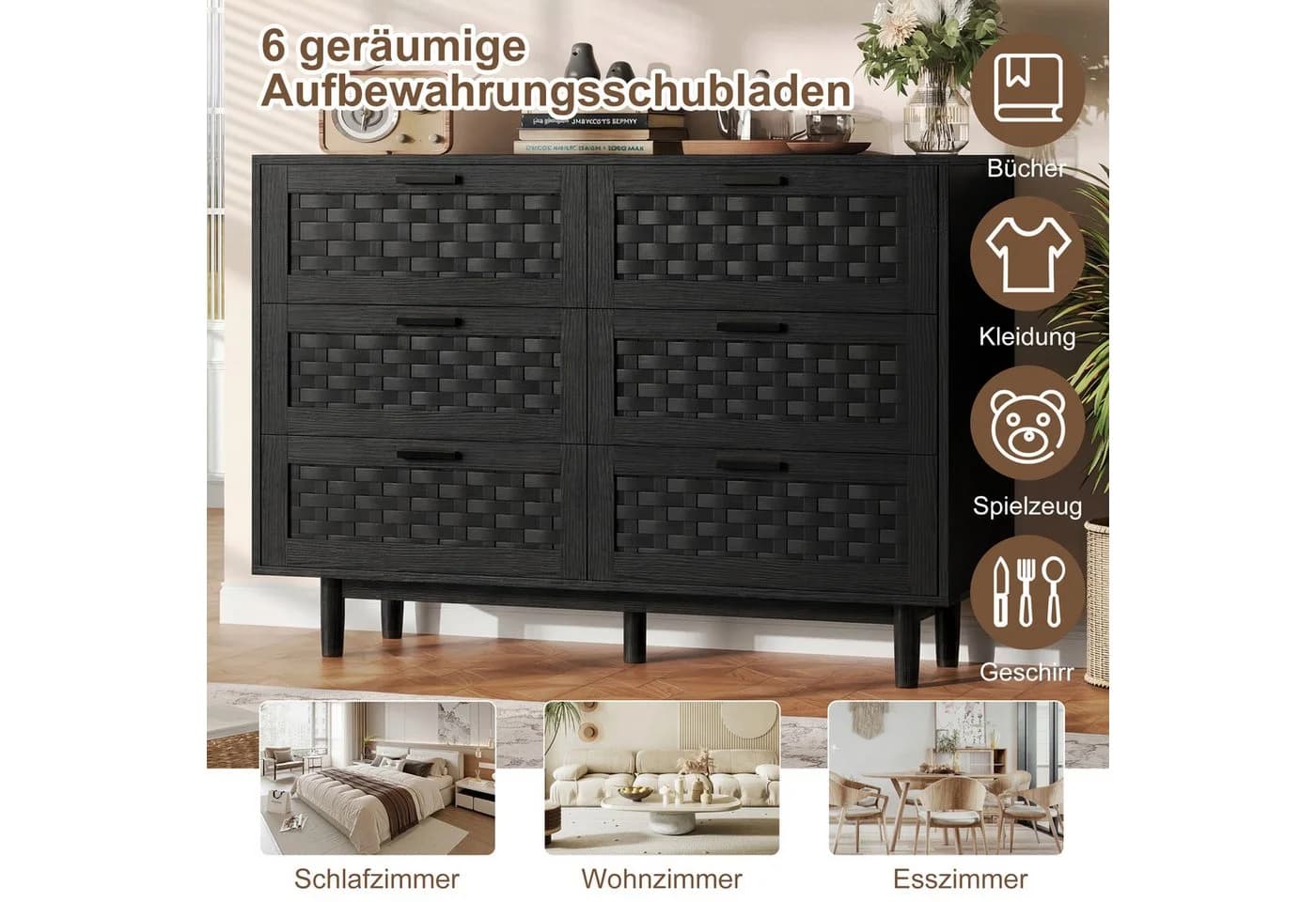 zebery Kommode 6 Schubladen Schwarz Rattan Design - Bild 5