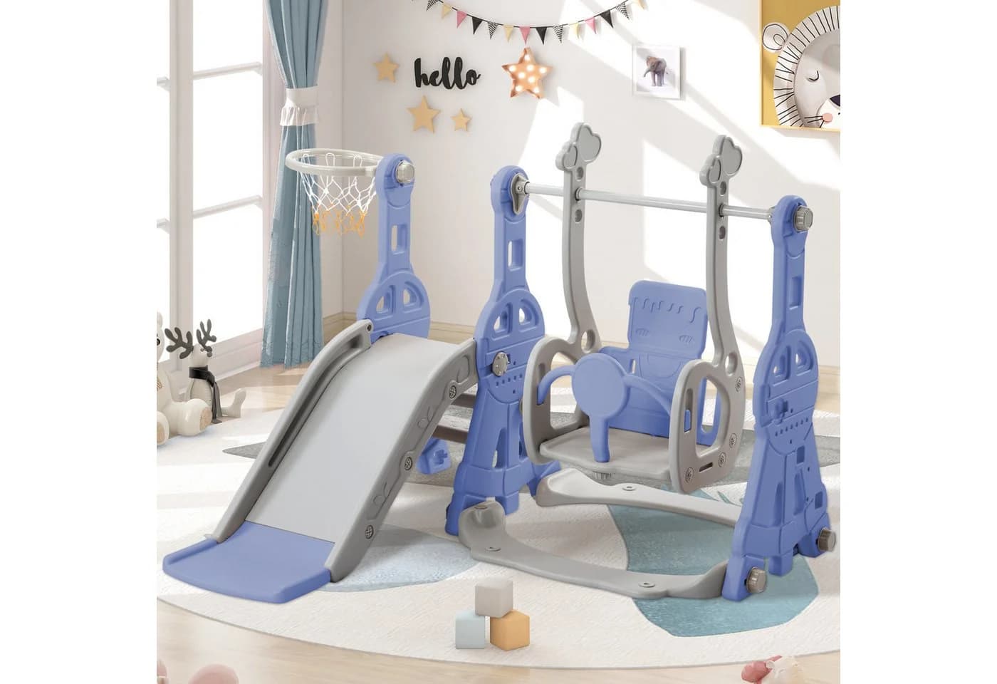 zebery 4-in-1 Kinderrutsche mit Schaukel und Basketballkorb Blau - Bild 2