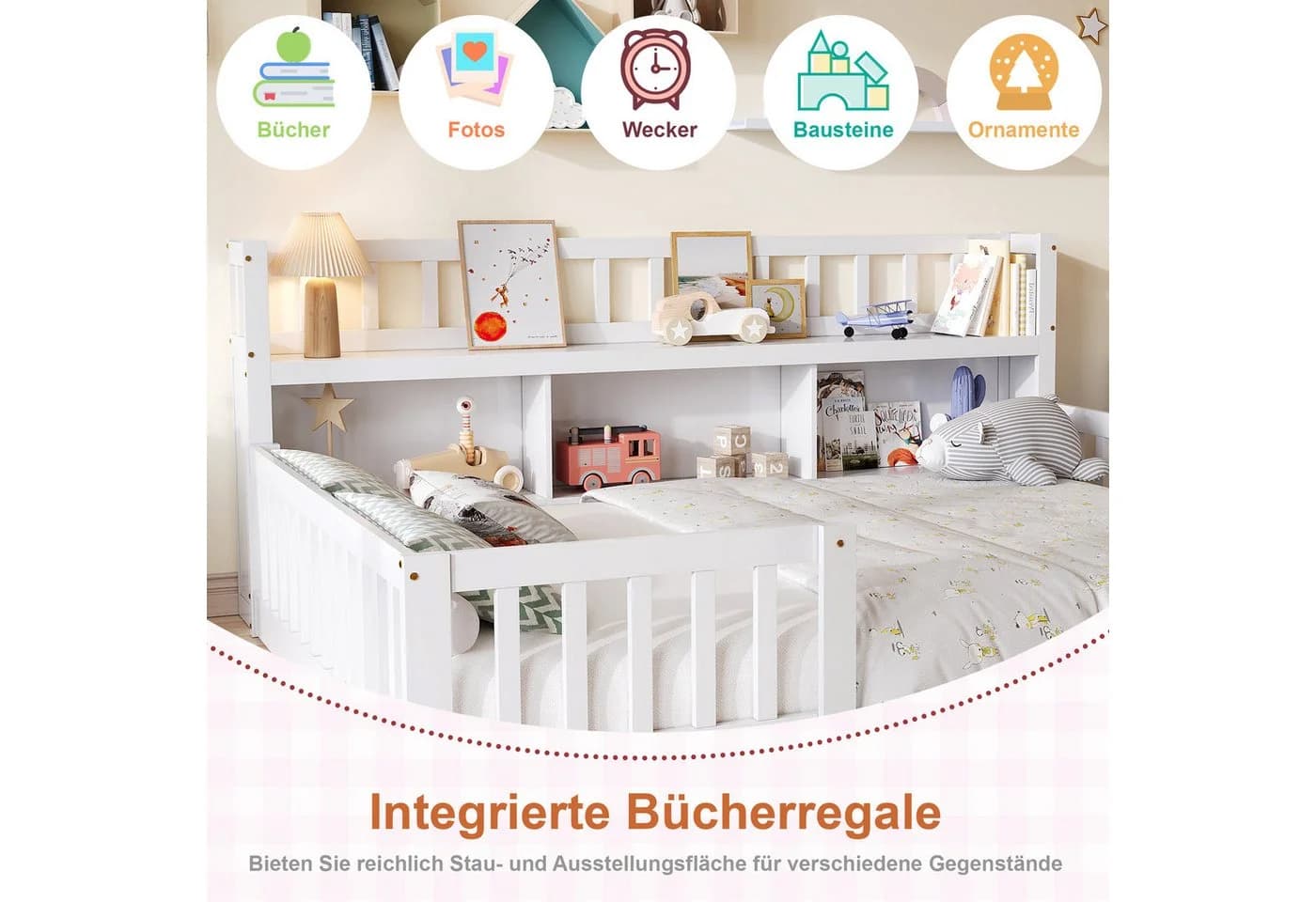 zebery Kinderbett Bodenbett Weiß mit Sicherheitsgittern und Bücherregal
