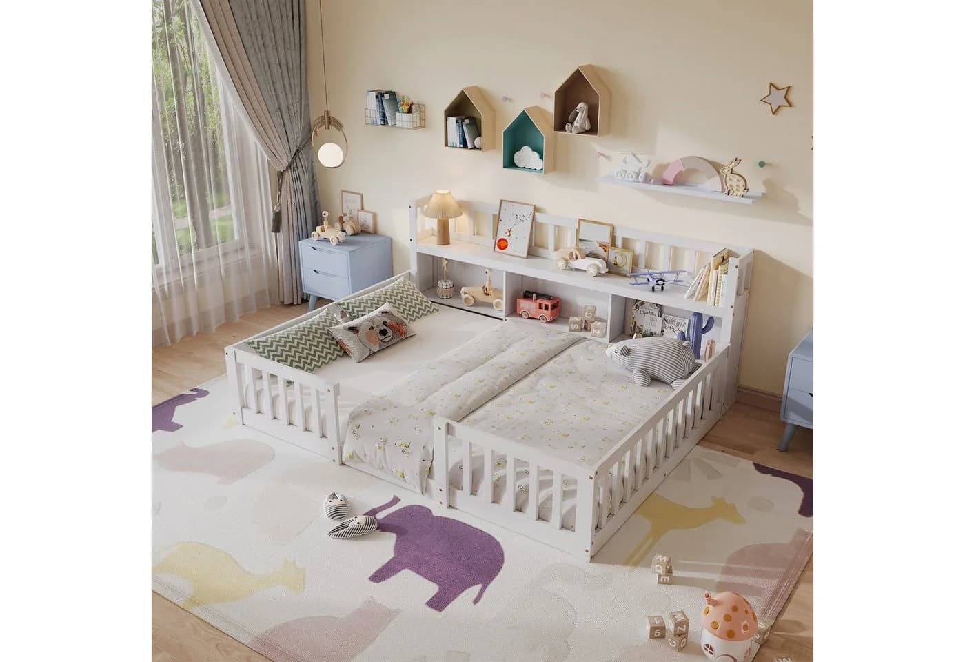 zebery Kinderbett Bodenbett Weiß mit Sicherheitsgittern und Bücherregal - Bild 2