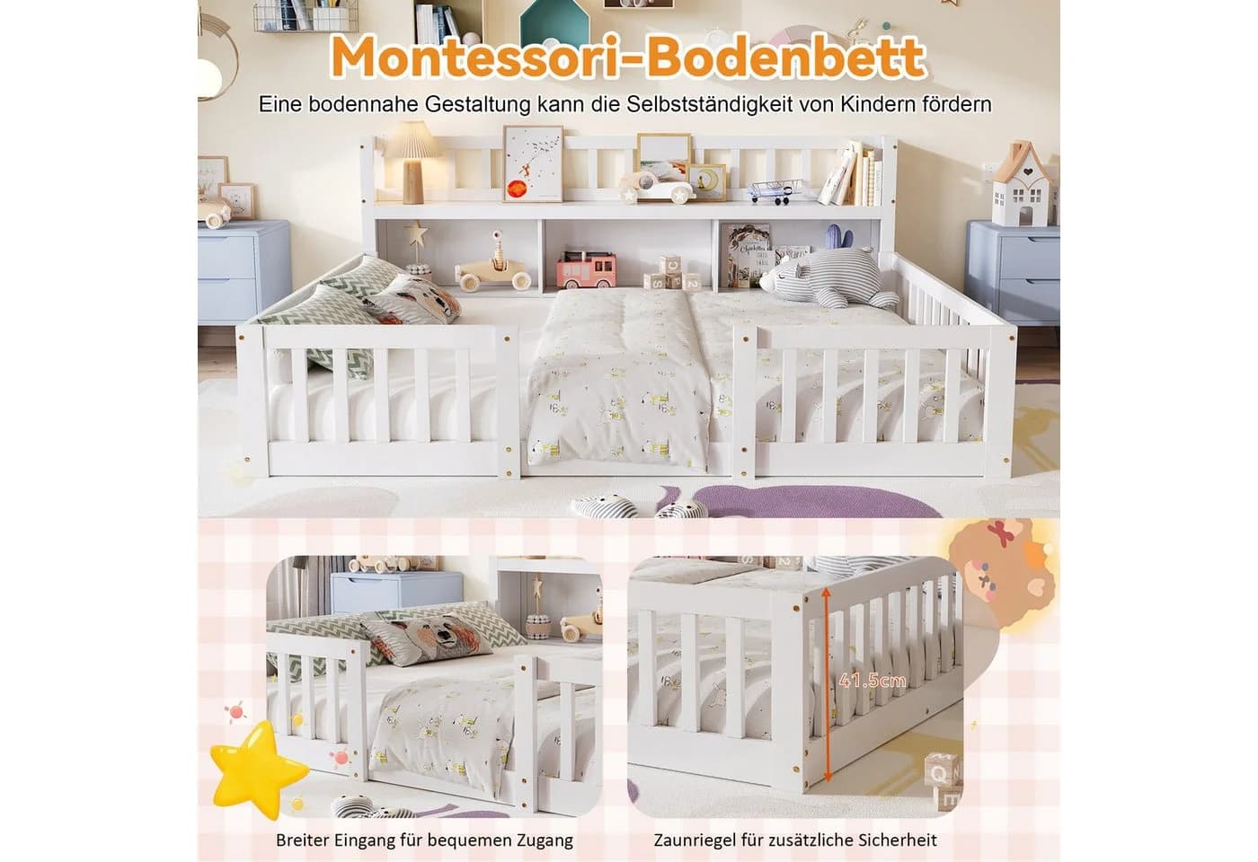 zebery Kinderbett Bodenbett Weiß mit Sicherheitsgittern und Bücherregal - Bild 3