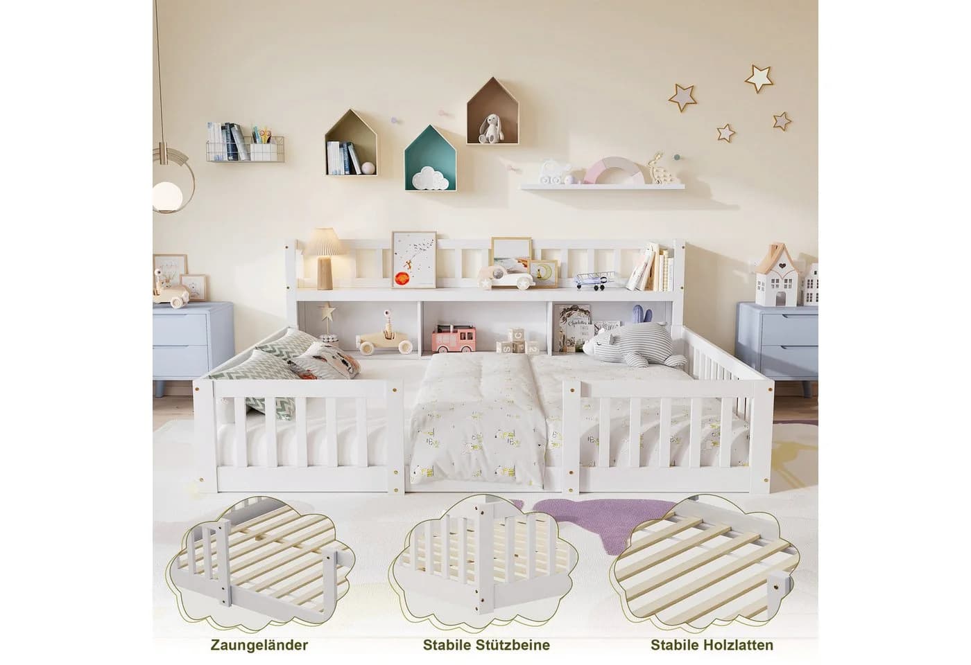 zebery Kinderbett Bodenbett Weiß mit Sicherheitsgittern und Bücherregal - Bild 4