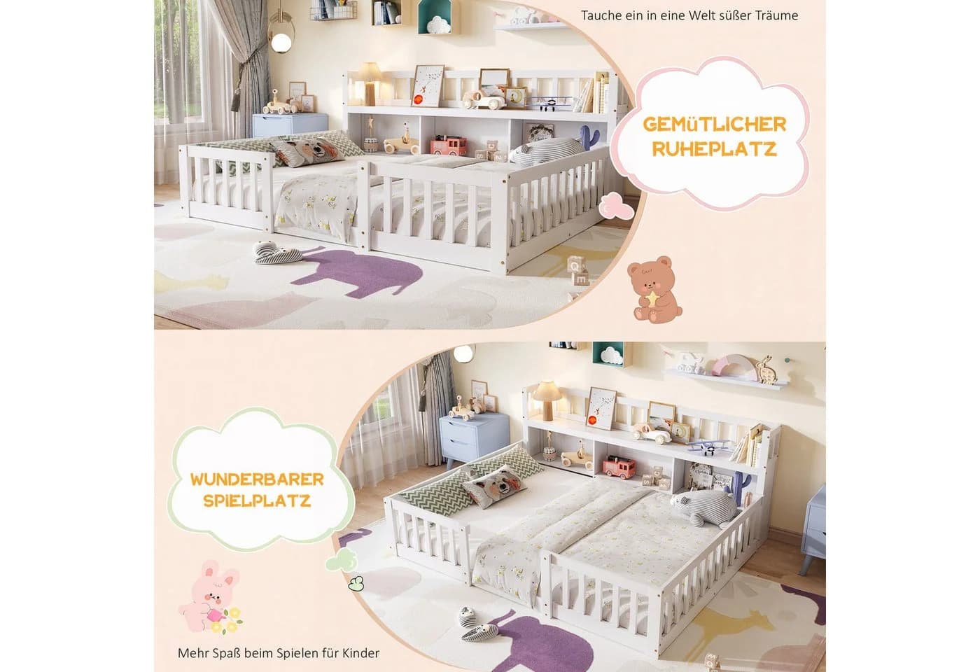 zebery Kinderbett Bodenbett Weiß mit Sicherheitsgittern und Bücherregal - Bild 5