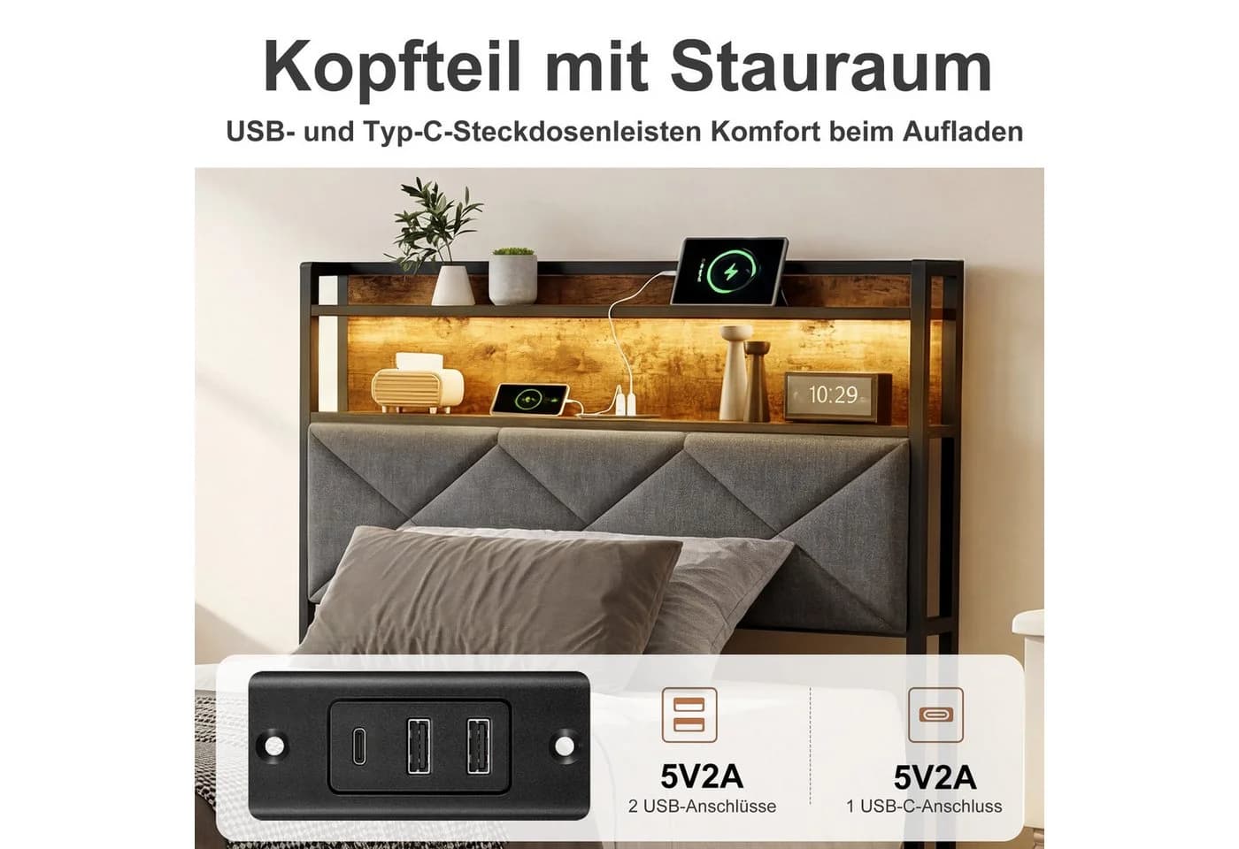 zebery Polsterbett mit LED-Beleuchtung und USB-Anschlüssen Grau - Bild 3