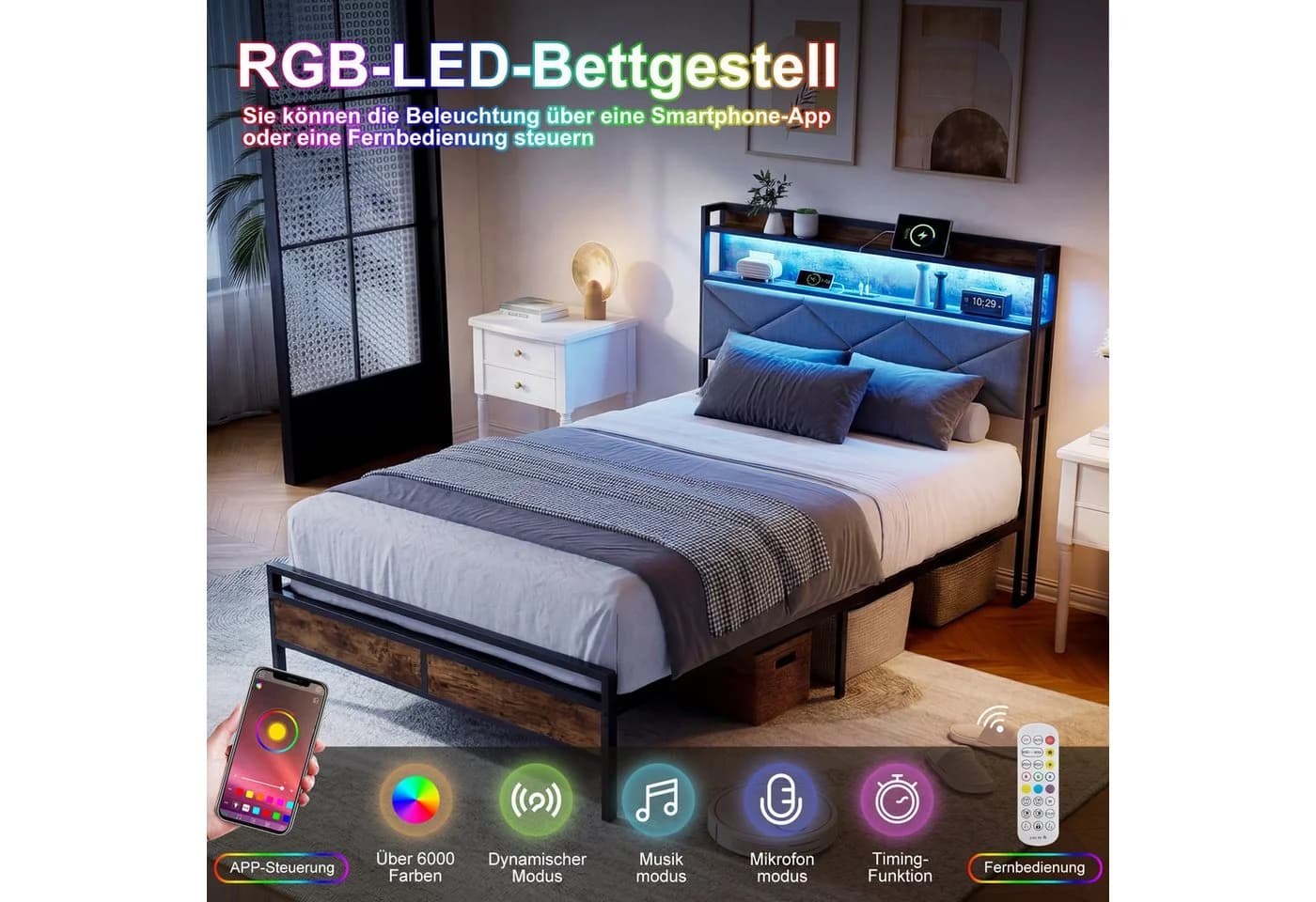 zebery Polsterbett mit LED-Beleuchtung und USB-Anschlüssen Grau - Bild 4