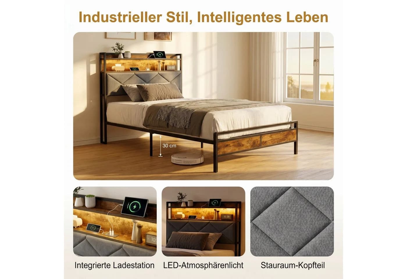 zebery Polsterbett mit LED-Beleuchtung und USB-Anschlüssen Grau - Bild 5