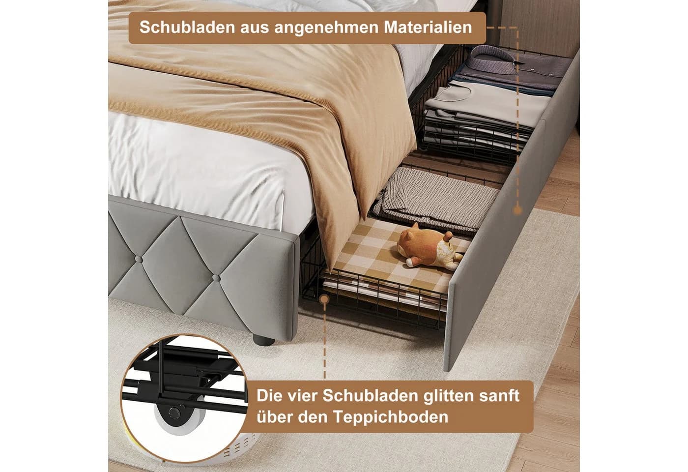 zebery Polsterbett mit LED-Beleuchtung und USB-Ladefunktion Grau - Bild 3